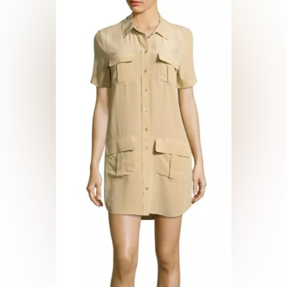 Equipment Dresses & Skirts - Equipment Remy Silk Button-Front Utility Shirt Dress Khaki Beige M